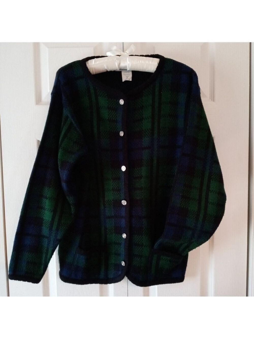 Tally Ho Cardigan Sweater Black Dark Blue Dark Green Women's Size 8 80s